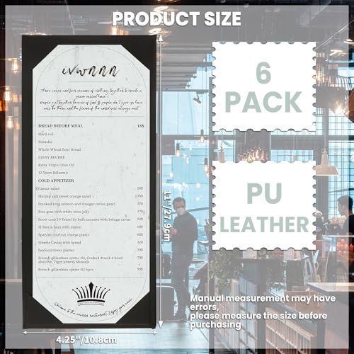 4.25'' x 11'' Menu Covers 6 Pack Black PU Leather Menu Holders with Angled Corners Single Panel Menu Sleeves Easy-Insert Design Waterproof for Bar Cafe Restaurant Menu Covers - size: 1 View, 6 Pack