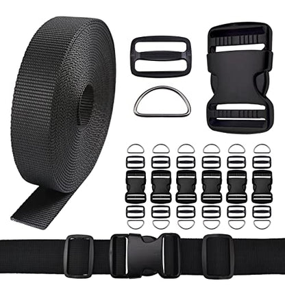 CooBigo 1.25 Inch Buckles Straps Set 6 Yards 1.25 Inch Black Nylon Webbing Strap 6 Pcs Quick Side Release Plastic Buckle Dual Adjustable 12pcs Tri-glide Slide Clip 12 Pcs Metal D Rings - color: 1-1/4"sets