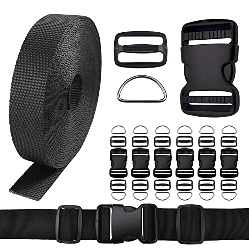 CooBigo 1.25 Inch Buckles Straps Set 6 Yards 1.25 Inch Black Nylon Webbing Strap 6 Pcs Quick Side Release Plastic Buckle Dual Adjustable 12pcs Tri-glide Slide Clip 12 Pcs Metal D Rings - color: 1-1/4"sets