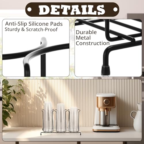 Maxdot 2 Pcs 3 Section Coffee Cup Organizers 14.2 x 8.5 x 5 Inch Wire Rack Coffee Cup and Lid Holder Black Iron Lid Dispenser Countertops Station Organizer for Kitchen Storage Essentials - size: 14.2 x 8.5 x 5 Inch