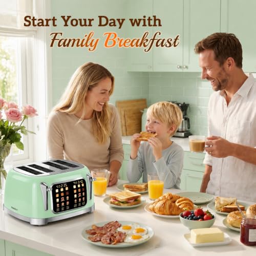 Retro 4 Slice Toaster with Touch Screen & Wide Slots, Mint Green - color: Mint Green