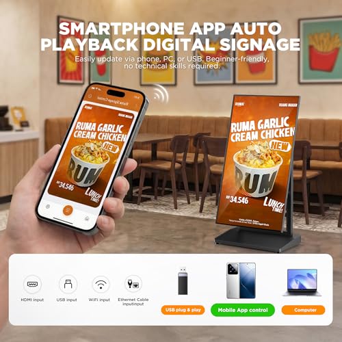 43 Inch Digital Signage Display, Screen LCD Advertising Kiosk, Portable Floor Standing Auto Ad Player Android OS App-Based Control with USB/HDMI/WiFi - size: 43"