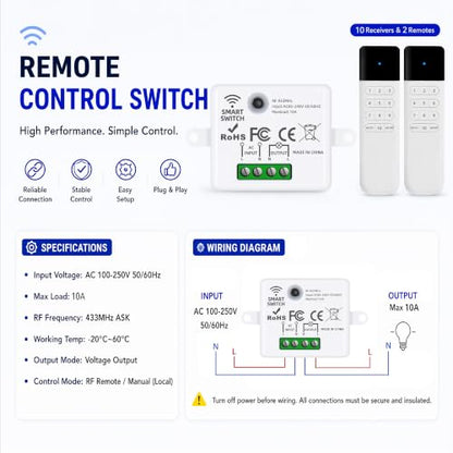 Wireless Light Switch Kit, 10A RF Remote, 2 Switches, 10 Receivers