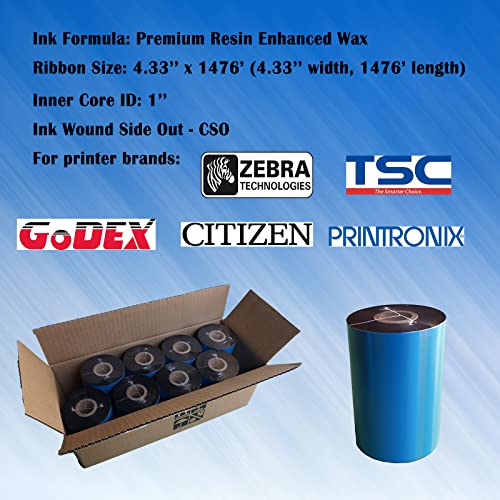 4.33'' x 1476' Premium Resin Enhanced Wax Ribbon, 110mm x 450m Black Thermal Transfer Ribbon, Barcode Thermal Label Printer Ribbon, CSO-Ink Outside, 1'' Core for Zebra, TSC, GoDex, Citizen (1 Roll) - size: 4.33''x1476'｜1 Roll