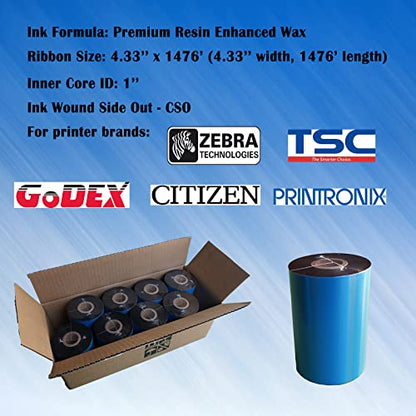 4.33'' x 1476' Premium Resin Enhanced Wax Ribbon, 110mm x 450m Black Thermal Transfer Ribbon, Barcode Thermal Label Printer Ribbon, CSO-Ink Outside, 1'' Core for Zebra, TSC, GoDex, Citizen (1 Roll) - size: 4.33''x1476'｜1 Roll