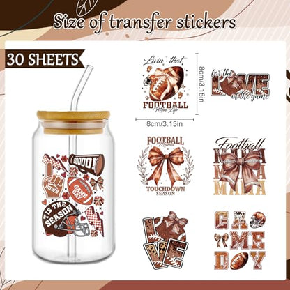 Rngmsi 30 Pcs Football UV DTF Cup Wrap Bow UV DTF Stickers for 16 OZ Glass - style: Football