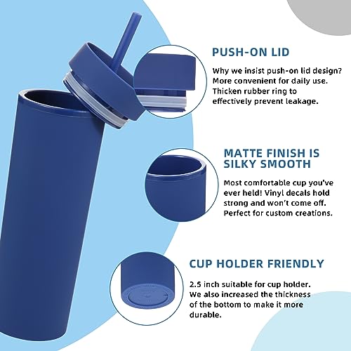 Volhoply 16oz Plastic Skinny Tumbler with Lid and Straw Bulk 4 Pack,Insulated Double Wall BPA Free Matte Acrylic Tumblers,Iced Coffee Travel Mug Reusable Party Cup,Customizable Diy Gifts(Navy,4 Set) - color: Navy