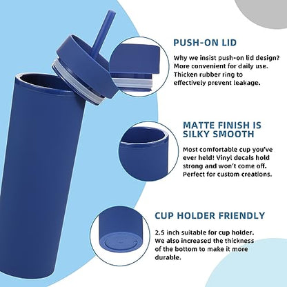 Volhoply 16oz Plastic Skinny Tumbler with Lid and Straw Bulk 4 Pack,Insulated Double Wall BPA Free Matte Acrylic Tumblers,Iced Coffee Travel Mug Reusable Party Cup,Customizable Diy Gifts(Navy,4 Set) - color: Navy