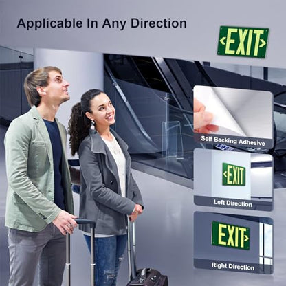 Photoluminescent Exit Sign Aluminum - Adhesive Backing Glow In The Dark - Removable Arrows Included - Pre-drilled Holes - 12x7 Inches - Non Electrical Green Exit Light For 50 Feet Visibility (2 Pack) - color: Green 2 PCS With Pre-drilled Holes