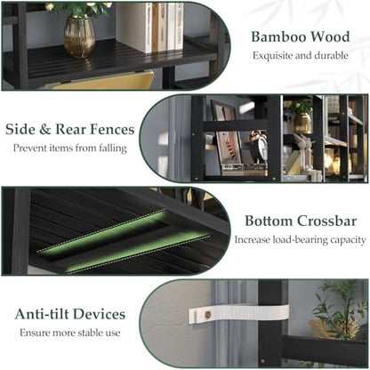 Homykic 6-Tier Bamboo Bookshelf, 61” Triple Wide Bookshelves and Bookcases - color: Black, size: Triple Wide