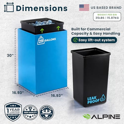 Alpine Commercial Indoor Recycle Bin with Lid - 29 Gallon Blue Recycle Bin Recycle Trash Can Office Recycling Bins, Metal Recycling Container with Stickers & 3 Optional Lids Sold Separately - color: Blue Can