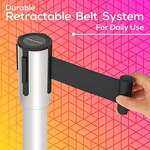 DuraSteel Chrome Crowd Control Barriers Stanchions with Retractable Belts - Metal Stanchion Posts w/ 6.5ft Black Retractable Barrier Belt Ropes - Queue VIP Safety Line Dividers - Set of 2 Stantions - color: Black Belt, style: Silver Stanchion 2 Pcs Set