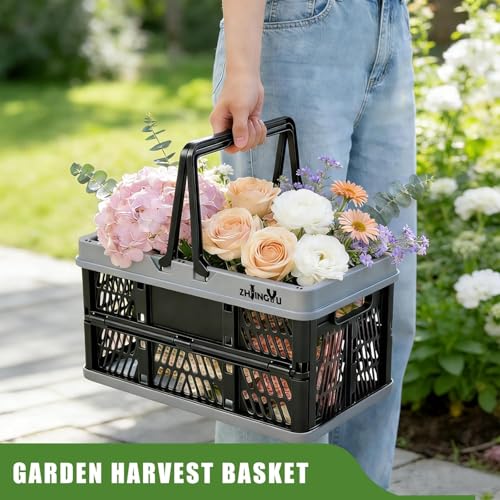 Foladable plastic baskets with handles 20L,collapsible crates for storage - color: Black, size: 14.96"x9.84"x7.87"