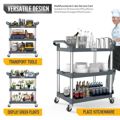 TUFFIOM 3-Tier Plastic Service Utility Cart with Wheels,Heavy Duty 390lbs Capacity,Commercial Rolling for Restaurant, Foodservice, Office, Warehouse, Gray 24.6''L x 15.8''W x 37.4''H - size: Gray 24.6''L x 15.8''W x 37.4''H