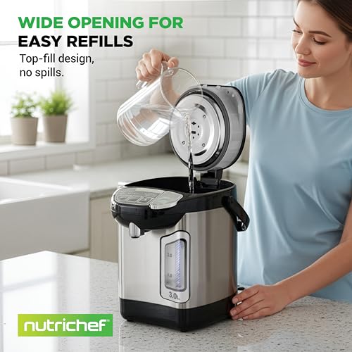 NutriChef Electric Water Boiler and Warmer - 3L/3.17 Qt Stainless Steel Electric Hot Water Dispenser w/Rotating Base, Auto Shut Off, Safety Lock, Instant Heating for Coffee & Tea (NCHUB13) - size: 3.2 Quarts