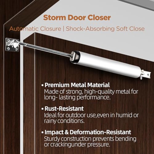 Storm Door Closer, Heavy Duty Adjustable Pneumatic Closer Kit with Safety Hold-Open Feature, Universal Replacement for Screen, Storm, Home, RV & Commercial Doors(LPDC-01)