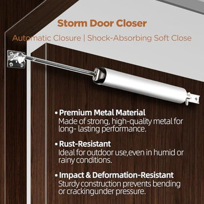 Storm Door Closer, Heavy Duty Adjustable Pneumatic Closer Kit with Safety Hold-Open Feature, Universal Replacement for Screen, Storm, Home, RV & Commercial Doors(LPDC-01)