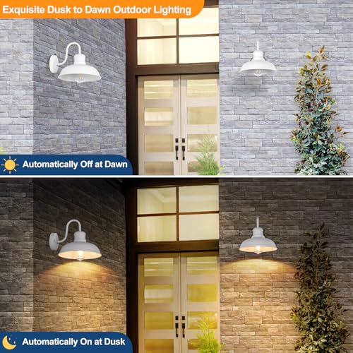 TOBUSA 2-Pack Dusk to Dawn Outdoor Wall Lights, Exterior Farmhouse Gooseneck Barn Light, White Vintage Outside Wall Mount Light Fixture, Waterproof Outdoor Light for House Porch Garage - color: White, size: 10.5 inch