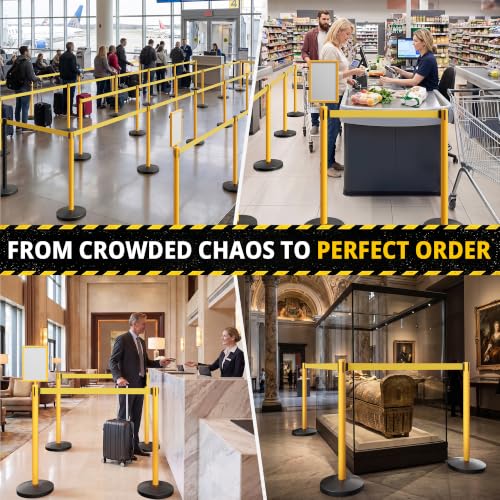 6-Pack Yellow Stainless Steel Crowd Control Stanchions, 9.8 ft Retractable Yellow Stripe Safety Belts with 1 Sign Holder(Yellow Belt) - color: Yellow stanchions w Yellow Belt, size: 6 pcs
