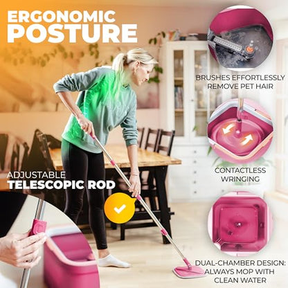 Mop and Bucket Set with Wringer, Dual-Chamber Flat Mop, Pink – ALANBERG - color: Pink