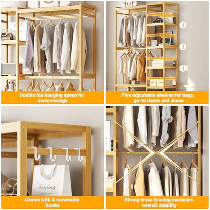 Homykic Bamboo Clothing Rack with 7 Adjustable Shelves, 2 Hang Rods - color: Natural, size: II Medium
