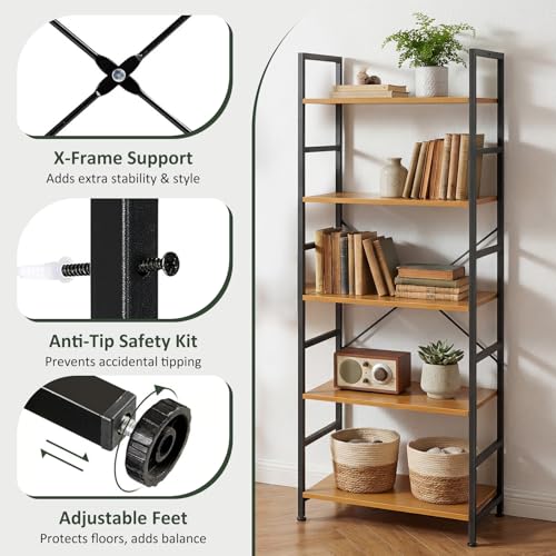 5 Tier Bookshelf, Free Standing Bookcase with Open Storage Shelves - color: Light Wood, size: 5 Tier