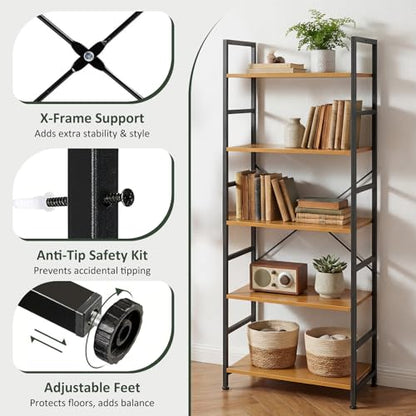 5 Tier Bookshelf, Free Standing Bookcase with Open Storage Shelves - color: Light Wood, size: 5 Tier