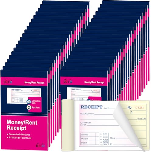 40 Pack Money & Rent Receipt Books, 2-Part Carbonless Receipt Books with Consecutive Numbering & Wraparound Cover, 3-11/32" x 5-5/8", Receipt Pads for Landlords, Small Business & Cash Payments - size: 3-11/32" x 5-5/8"-40 PCS, style: Rent Receipt Book Sty