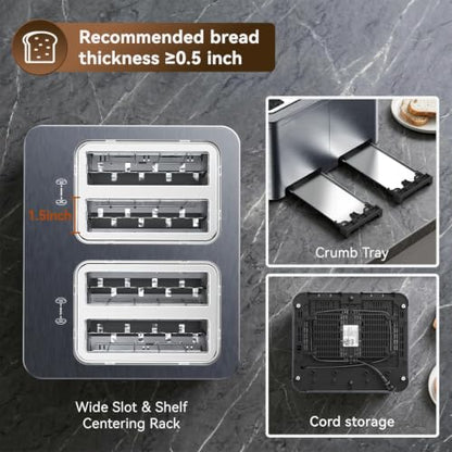 Mecity 4 Slice Toaster Wide Slot, Auto Lift Keep Warm Smart Toaster with Touch Screen, Dual Control Panel, Defrost, Auto Shut Off Digital Toasters for Bagel Muffin Waffle Gluten Free Breads1700W 120V - color: 4 Slot-Brushed stainless steel gray
