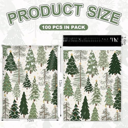 JarThenaAMCS 100Pcs Christmas Poly Mailer 10 x 13 Inch Green Xmas Tree Packaging Bags Forest Woodland Self Seal Mailing Envelope Bags for Winter Small Business Clothing