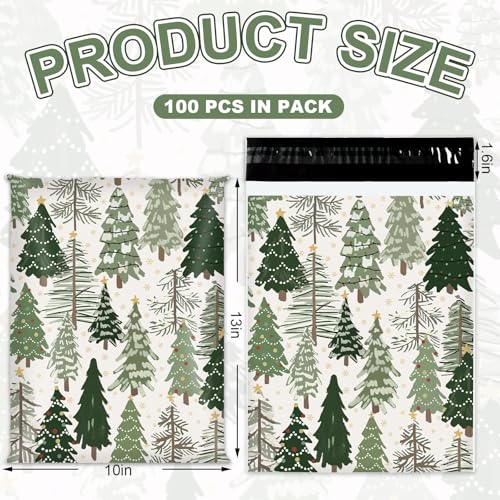 JarThenaAMCS 100Pcs Christmas Poly Mailer 10 x 13 Inch Green Xmas Tree Packaging Bags Forest Woodland Self Seal Mailing Envelope Bags for Winter Small Business Clothing