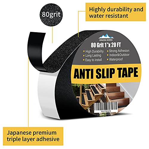 Grip Tape - Heavy Duty Anti Slip Tape 80 Grit Non Slip for Stairs Outdoor/Indoor, Waterproof High Traction Stairs Non Skid Treads, Durable Triple Layer Adhesive - Black (1 Inch x 20 Feet) - size: 1 Inch x 20 Feet