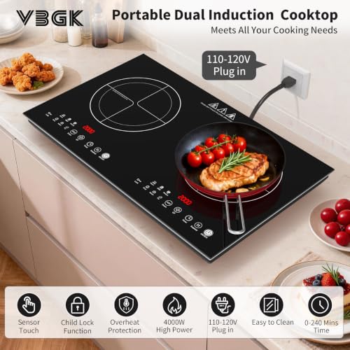 VBGK 2 burner induction cooktop,110V 4000W 2 burner induction plate with Brushed Panel LED touch Control, induction stove top with 10 Power Levels, Kids Lock & 4H Timer - size: 2 burner induction cooktop