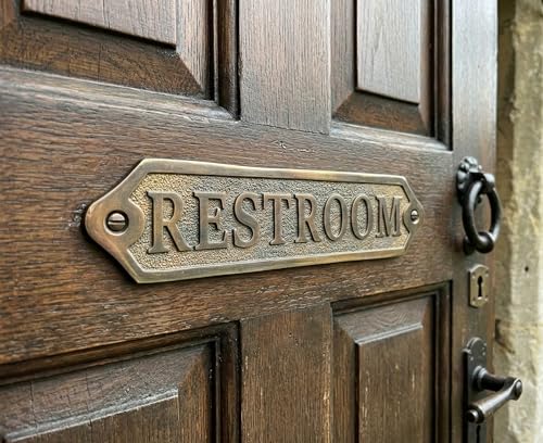 RESTROOM Vintage Metal Door Sign – Antique Brass Finish Restroom Plaque for Farmhouse, Industrial & Commercial Décor Signage, Easy Mount Office & Business Door Plaque - color: RESTROOM