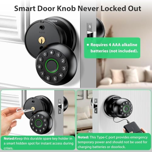 Smart Door Knob Fingerprint Lock 4-in-1 Keyless Entry (Fingerprint/App/Code/Key) Biometric Door with Auto-Lock Easy Install for Home/Bedroom/Office-Black - color: Black