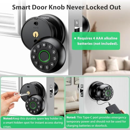 Smart Door Knob Fingerprint Lock 4-in-1 Keyless Entry (Fingerprint/App/Code/Key) Biometric Door with Auto-Lock Easy Install for Home/Bedroom/Office-Black - color: Black