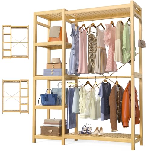 Homykic Bamboo Clothing Rack with 7 Adjustable Shelves, 2 Hang Rods - color: Natural, size: II Medium