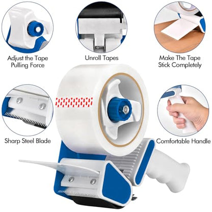 2 Pack Heavy Duty Packing Tape Dispenser Gun with 12 Pack Clear Packaging Tapes, 2 Inch Packaging Tape with Dispenser for Carton Sealing, Moving Boxes, Shipping (Blue) - color: Blue
