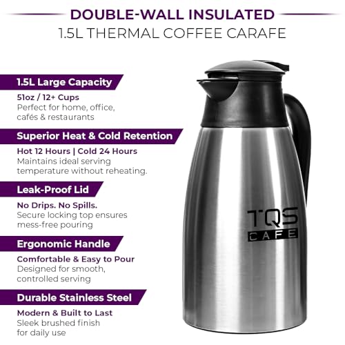TQS CAFE Insulated Coffee Carafe, 1.5L Stainless Steel Coffee Server