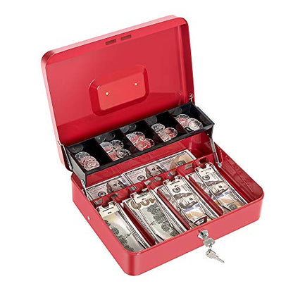 Cash Box with Lock Key and Money Tray, Large Money Box for Cash Register - color: Red