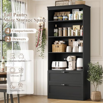 HOSTACK 70" Kitchen Pantry Storage Cabinet, Farmhouse Pantry Cabinet, Black - color: Black
