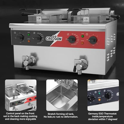 CROSSON 16L Dual Tank Countertop Electric Deep Fryer with "Swing-up and Hold",Drain Valve,Strech forming Oil Tank and Solid Wire Mesh Basket for Restaurant Use 120V,3600W Commercial Deep Fryer - size: Double Tank,16L
