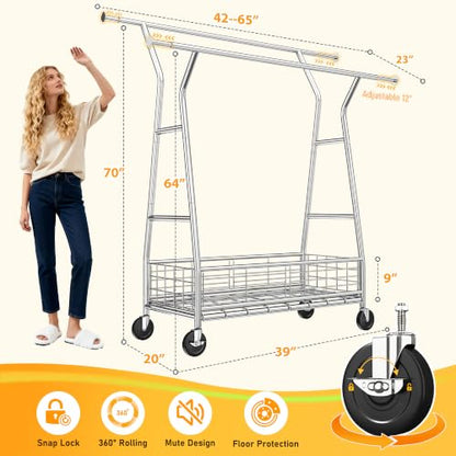 Raybee 630LBS Rolling Clothes Rack, Extendable 42-65" W Clothing Rack - color: Chrome, style: Double Rods