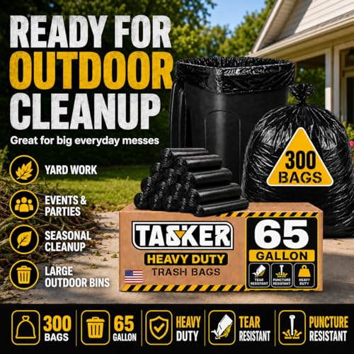 TASKER 300 Bags, 64-65 Gallon Trash Bags Heavy Duty, Large Black Garbage Bags, Wide Mouth Trash Can Liners for 60, 64, 65 and 70 Gallon Cans to Fit Toter Cart Liners for Outdoor Lawn Yard Cleanup - size: 300 Count (Pack of 1)