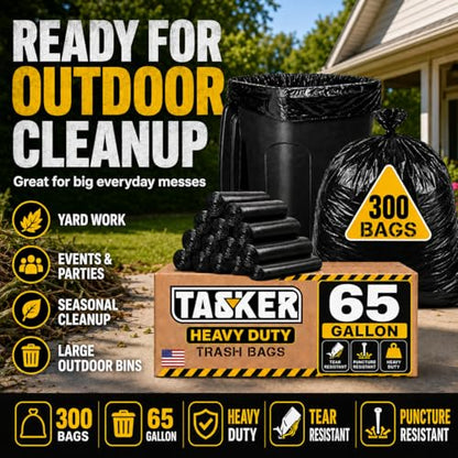 TASKER 300 Bags, 64-65 Gallon Trash Bags Heavy Duty, Large Black Garbage Bags, Wide Mouth Trash Can Liners for 60, 64, 65 and 70 Gallon Cans to Fit Toter Cart Liners for Outdoor Lawn Yard Cleanup - size: 300 Count (Pack of 1)