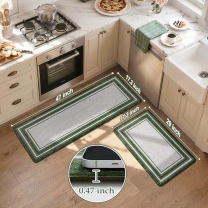 KIMODE Kitchen Mats Cushioned Anti Fatigue,Farmhouse Kitchen Rugs Sets of 2 - color: Dark Green, size: 17.3" x 47 "+ 17.3" x 29 "--0.47 inches