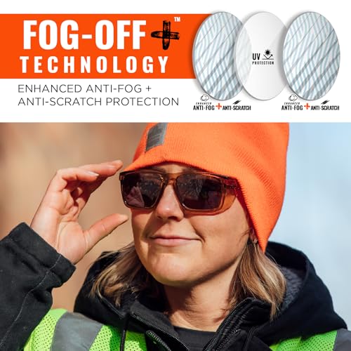 Ergodyne Skullerz SIXTEN Safety Glasses with Side Shields, Anti Fog + Anti Scratch, ANSI z87.1 with Protective Microfiber Bag - color: Tan Lens