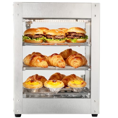 VEVOR 3-Tier Commercial Food Warmer Display, 800W Food Display Warmer with LED Light, Adjustable Shelf and Stainless Steel Frame, 86℉~185℉ Air Heating, 34L for Hamburger, Pizza, Bread, Fried Chicken - size: 3-Tier-36Qt