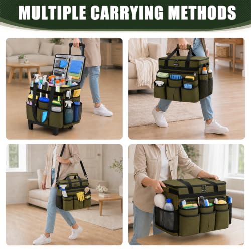 Large Rolling Cleaning Caddy Bag with Telescoping Cart, Green - color: Green