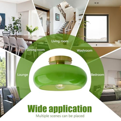Green Ceiling Light - Mid Century Modern Flush Ceiling Light with Milk Glass Globe and Dark Green Lamp Shade in Brushed Brass Close to Lamp for Dining Room Hallway Kitchen Island - color: Flush-Green
